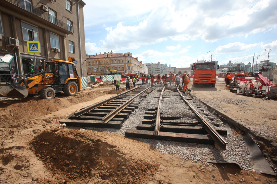 Восстановление трамвайных путей на площади Тверской Заставы