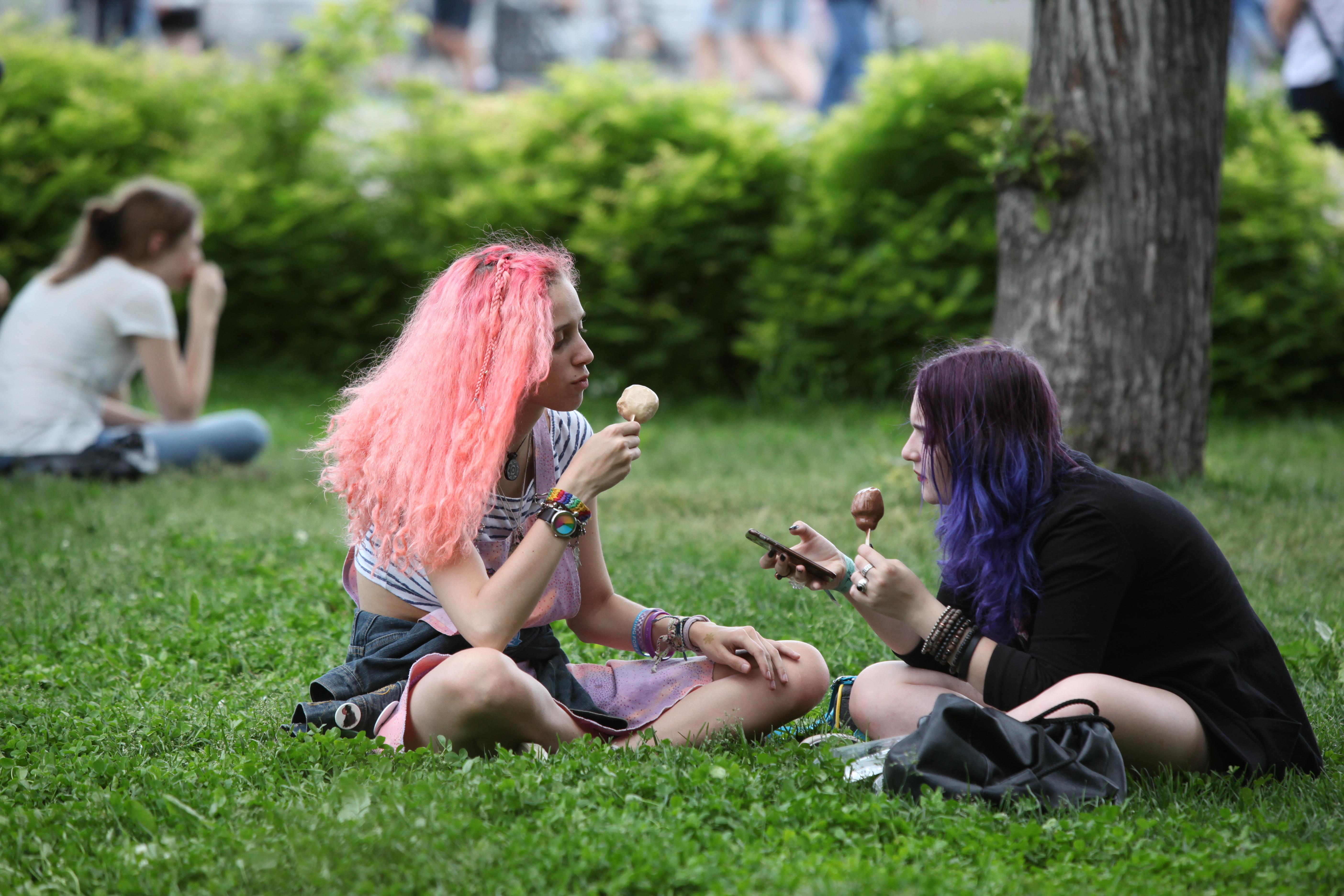 Девушки на газоне в парке с мороженым